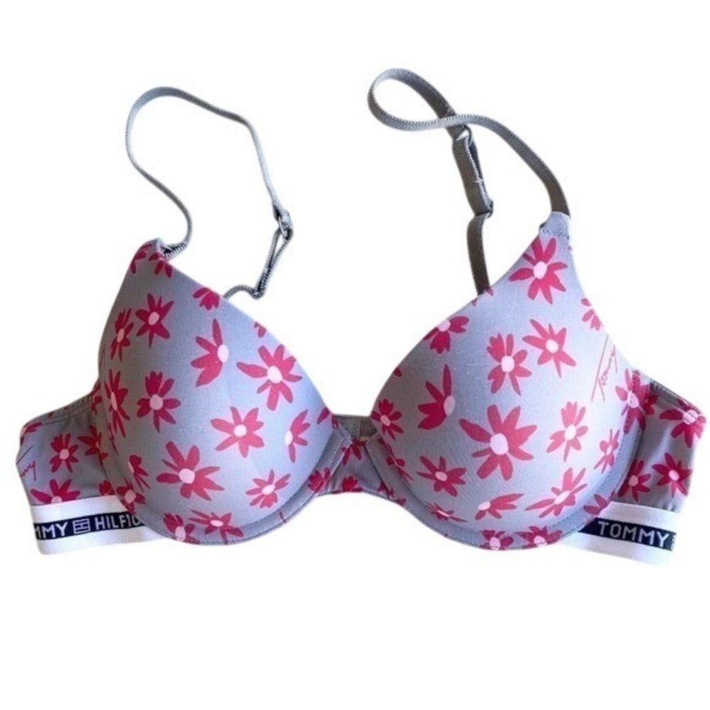 Tommy Hilfiger Floral Push Up Bra Women 34B Grey Pink Y2K‎
